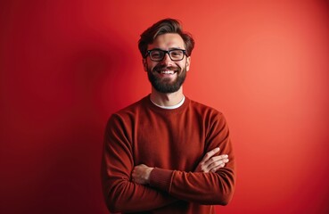 Obraz premium Handsome man with beard and glasses stands against red background. Male model poses smiling with crossed arms. Happy person feels confident looking at camera.