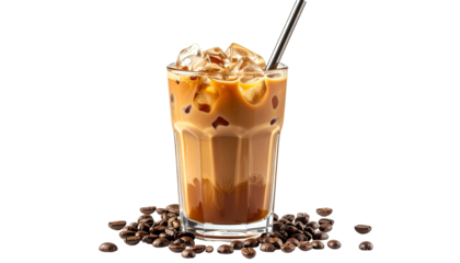 Tall glass of iced coffee with ice cubes and a straw, surrounded by coffee beans
