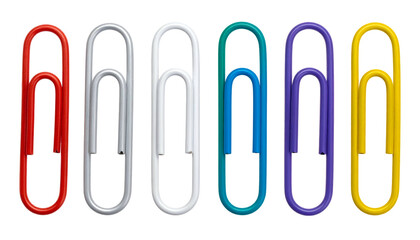 Six colorful paperclips arranged on a dark background, showcasing various hues
