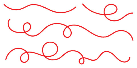 A hand-drawn red thread stroke with loops symbolizing stitching and artistry, suitable for tailoring logos, fabric packaging, and craft-related digital designs.