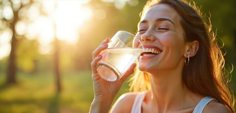 Young woman drinks water from glass outdoors. Smiles happily, eyes closed, feeling refreshed in bright sunlight. Female enjoys healthy hydration outside in nature on warm sunny day. Girl feels good,