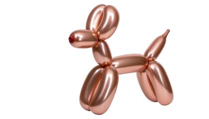 A metallic rose-gold balloon dog stands against a black background. Its face is turned right