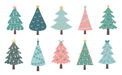 Сhristmas trees set. Cute pastel decorated Christmas trees with baubles and garlands. Nursery art Scandinavian style.