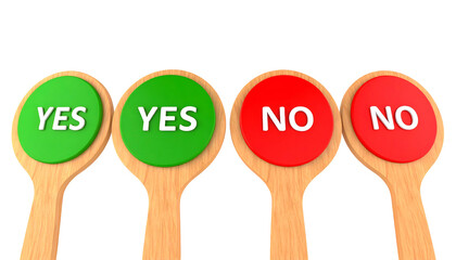 Wooden spoons displaying "YES" and "NO" options with vibrant colored circular backgrounds