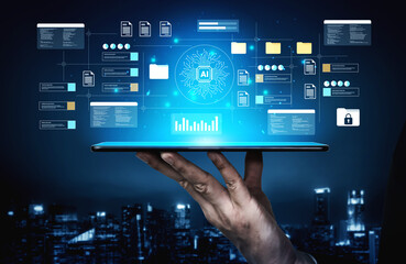 A sleek tablet held by a hand displays intricate artificial intelligence data visuals against a...