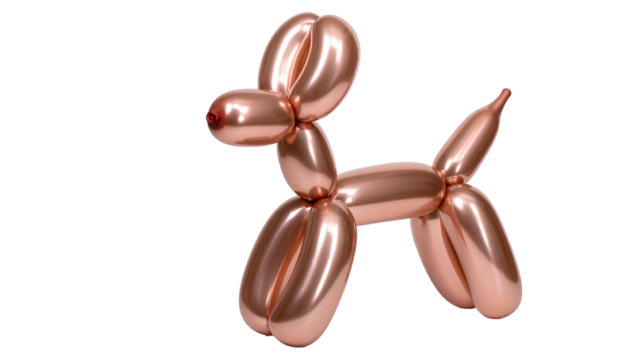 A metallic rose-gold balloon dog stands against a black background. Its face is turned right - Powered by Adobe