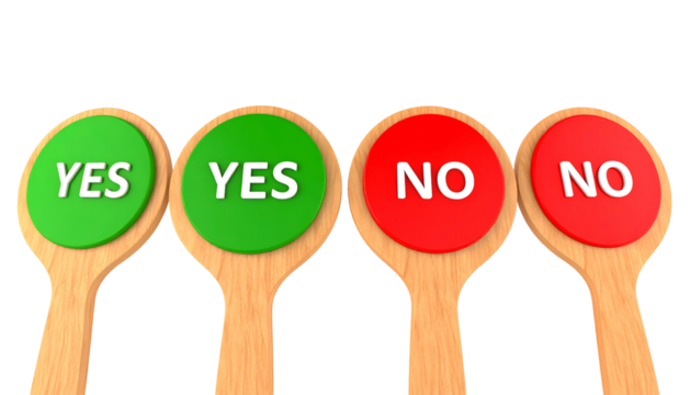 Wooden spoons displaying "YES" and "NO" options with vibrant colored circular backgrounds
