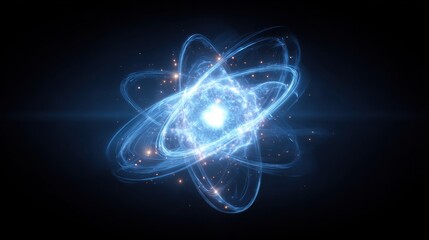 Atom Energy: A glowing, stylized atom with orbiting electrons radiates with vibrant energy, symbolizing the core of matter and the boundless potential of the universe.