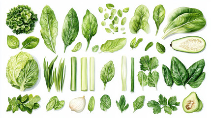 Fresh Green Leafy Vegetables and Herbs for Healthy Diet and Cooking