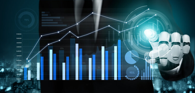 A businessman in a suit utilizes a futuristic touchscreen interface displaying dynamic financial graphs and data visualizations against a cityscape backdrop. Scalp