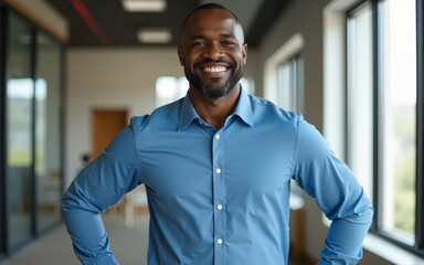 A middle-aged African American man standing at office, wearing blue shirt. High quality