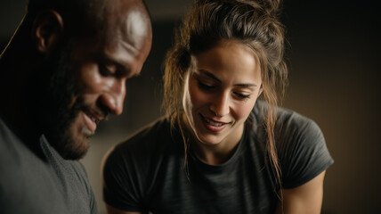 Trainer provides guidance and motivation to client while focusing on fitness goals in the gym Generative AI