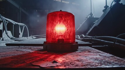 Bright red warning light pulsating on grungy surface in dark industrial setting