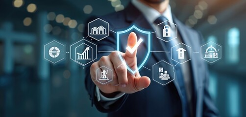 Businessman touches a check mark icon. Safety first concept. Cyber security with data protection. Assurance business, insurance. Modern tech innovations in safe environment.