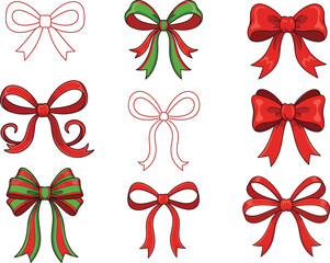 Collection of nine festive christmas bows in red green and white with ribbons and loops perfect for holiday decoration and design