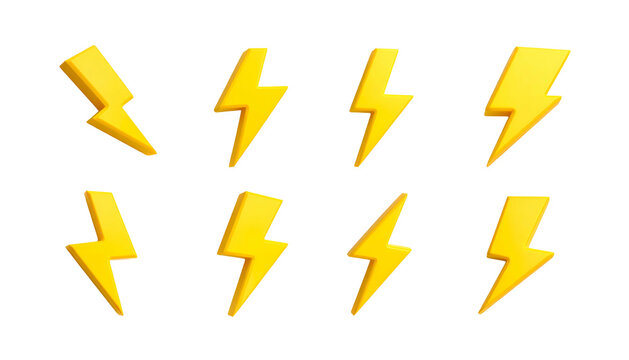 Eight cartoon-style lightning bolts in different orientations, all with yellow and orange tones