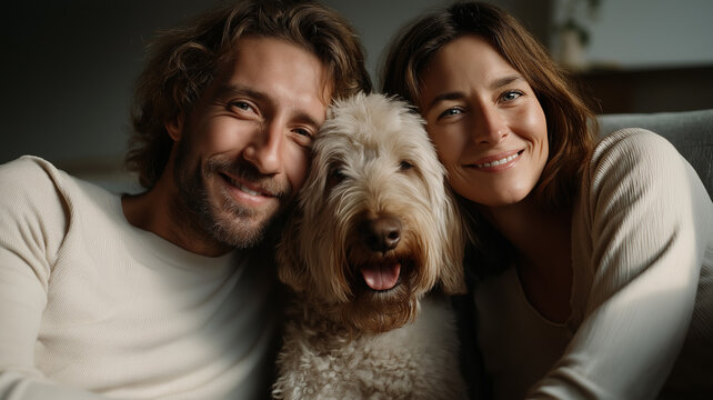 A smiling couple snuggles with their joyful dog, enjoying a warm moment in their cozy living space Generative AI - Powered by Adobe