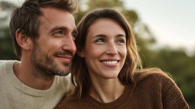 A man and woman share laughter while surrounded by nature during a beautiful evening Generative AI - Powered by Adobe