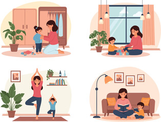 Fototapeta premium Mother and child enjoying various activities together at home including playing reading and yoga in a cozy domestic setting
