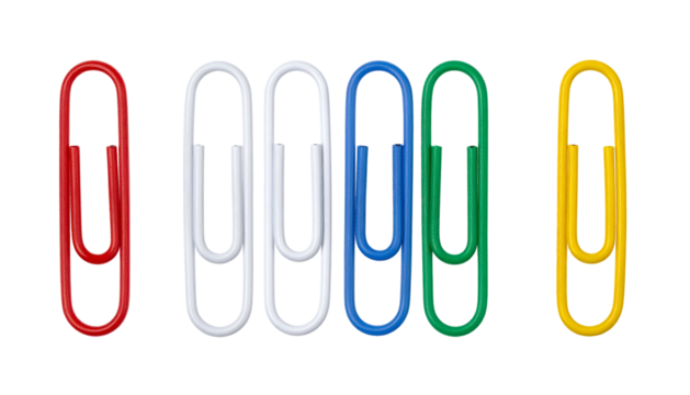 Six colorful paperclips in a row, arranged against a black background