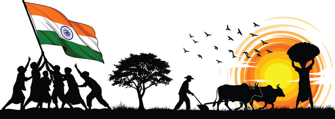 Silhouettes of indian people raising the national flag alongside farmers with oxen plowing a field at sunset symbolizing national pride and rural life