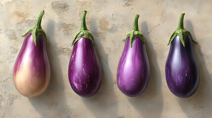 Fresh Eggplants on Rustic Surface Showcasing Their Vibrant Colors