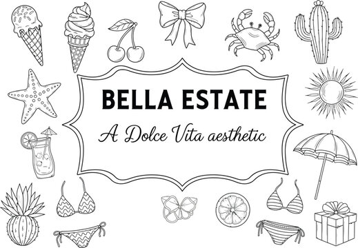 Elegant vintage botanical illustrations and decorative elements surrounding a central textual design for bella estate