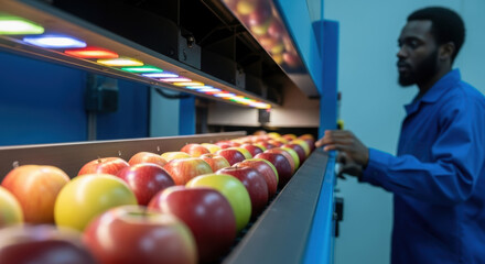 Careful worker operating automated machine for quality control and color sorting of fresh red apples on modern fruit processing conveyor in industrial food production facility