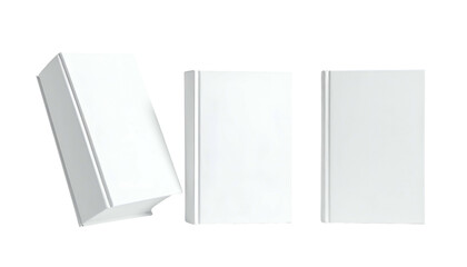 Three plain, white books with blank covers and a slight perspective angle
