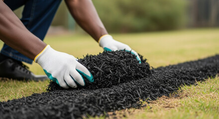 Worker installing black rubber mulch strip on lawn with protective gloves, laying recycled material for garden landscaping, weed control and low maintenance ground cover