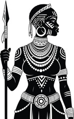 Obraz premium Silhouette of a powerful african woman warrior adorned with intricate tribal jewelry and holding a spear