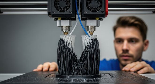 Focused engineer monitoring dual extruder printer creating complex geometric prototype with modern additive manufacturing technology in advanced engineering workshop