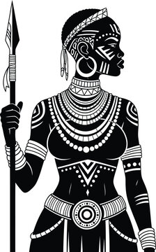 Silhouette of a powerful african woman warrior adorned with intricate tribal jewelry and holding a spear