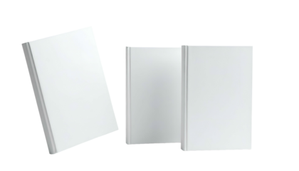 Three blank hardcover books with white covers, standing & leaning on a black backdrop
