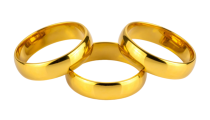 Three reflective gold bands connected, forming a unique and eye-catching shape, isolated