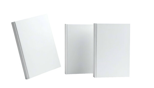 Three blank hardcover books with white covers, standing & leaning on a black backdrop - Powered by Adobe