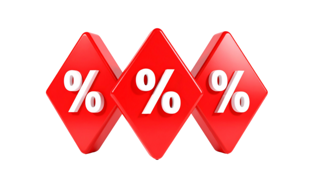 Three red diamond shapes with white percent signs, centered against a dark backdrop