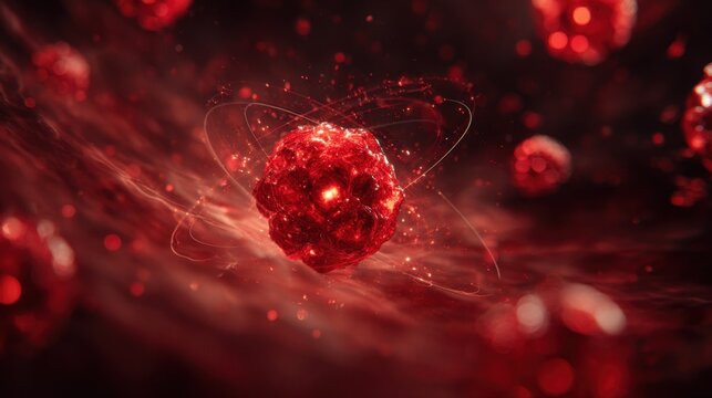 Molecular Marvel: An abstract, close-up view unveils a cluster of luminescent red molecules, swirling amidst a field of energy and particles.