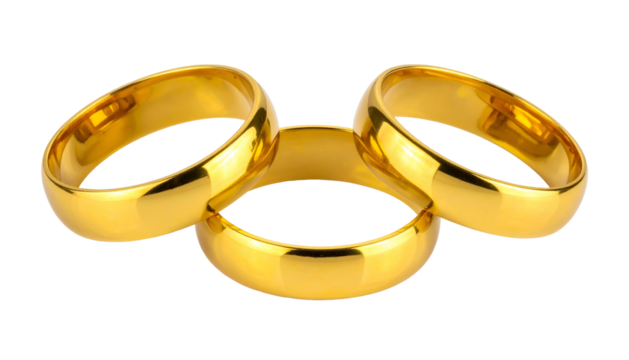 Three reflective gold bands connected, forming a unique and eye-catching shape, isolated