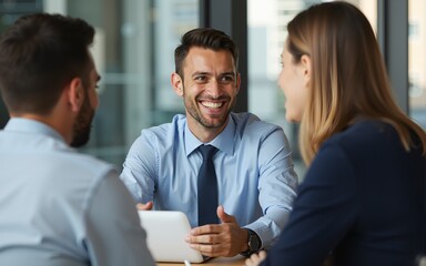 Smiling businessman having discussion with colleagues at table. High quality