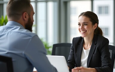 Smiling manager discussing with colleague at desk. High quality
