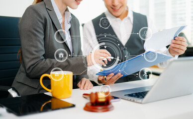Futuristic digital legal consulting scene with smart contract UI and business teamwork. Ideal for themes of law tech, innovation, corporate consulting, and digital agreements.