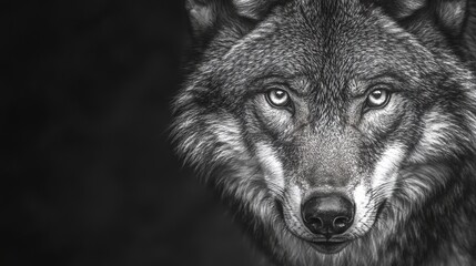Obraz premium Majestic grey wolf portrait with intense eyes, close-up wildlife photography