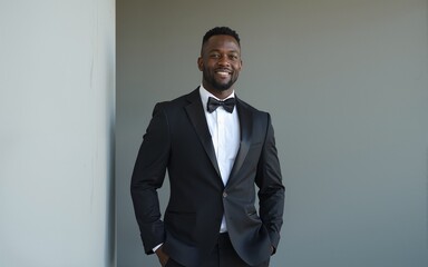 Positive black man in formal outfit standing near gray wall. High quality