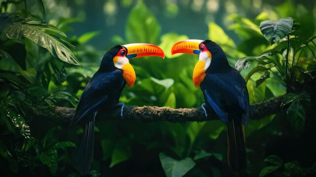 Two lovebirds cuddling and pecking affectionately on a tree branch. Vividly colored plumage, showcasing exotic species.
