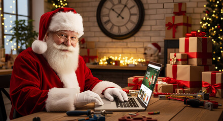 Santa Claus working at his cozy workshop, drinking hot cocoa and shopping online on a laptop