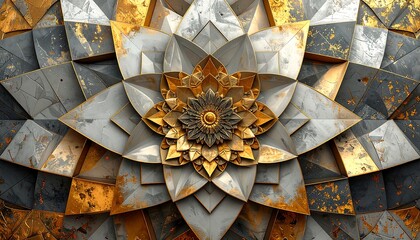 Geometric flower with gold and grey pattern, tiled background