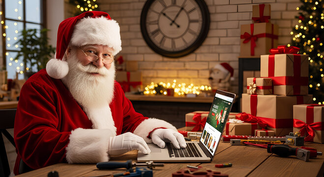 Santa Claus working at his cozy workshop, drinking hot cocoa and shopping online on a laptop - Powered by Adobe