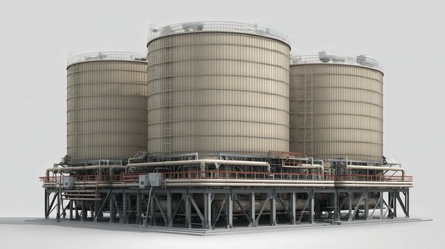 Three Industrial Storage Tanks Isolated on White Background
