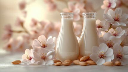 Elegant Almond Milk Bottles Surrounded by Cherry Blossom Petals